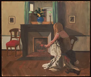 Interior con una Mujer en Camisón