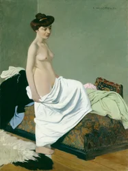 Desnudo de pie sosteniendo un vestido en su rodilla, 1904