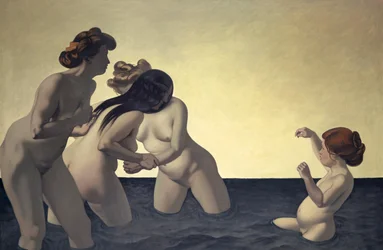 Tres mujeres y una niña pequeña jugando en el agua, 1907