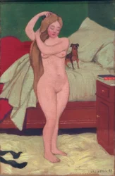 Desnudo femenino peinándose, interior