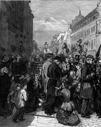 Deportación de los jesuitas de la Rue de Sèvres en París tras los decretos de marzo de 1880 emitidos por Jules Ferry y que eliminan el derecho a enseñar a miembros de congregaciones religiosas no autorizadas: la población parisina muestra solidaridad con l