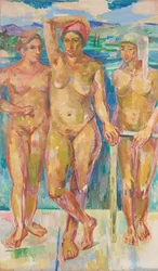 Tres desnudos frente a un lago
