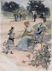 Paseo de los niños al jardín de aclimatación de París en 1892. Grabado a la acuarela.
