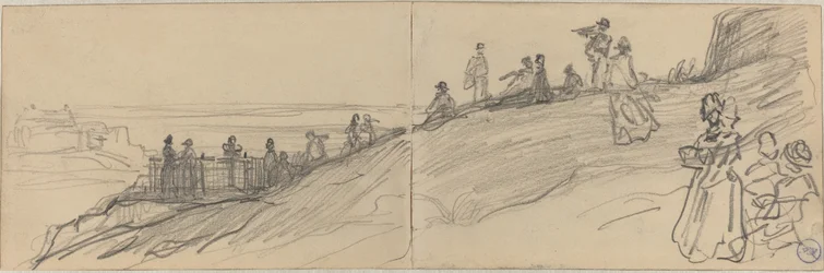 Figuras en la cima de una colina, con vista al mar