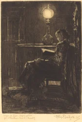 Mujer leyendo a la luz de la lámpara