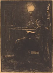 Mujer leyendo a la luz de la lámpara, 1879