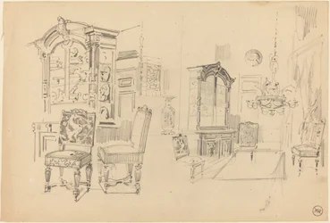 Dos estudios de un interior con muebles