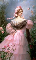 Mujer elegante en un jardín de rosas