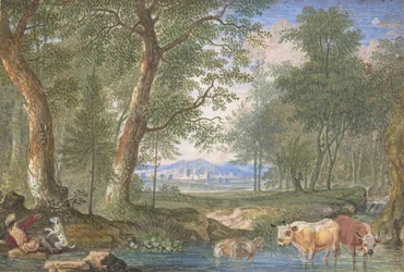 Paisaje con vacas en un arroyo