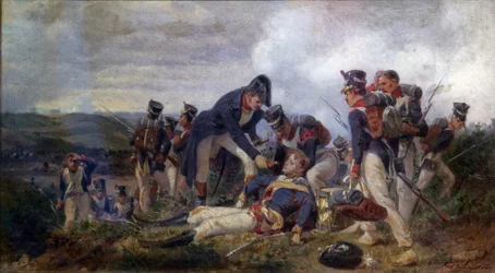Un oficial de fusileros de infantería de línea rescatando a un teniente del 13º Regimiento de Dragones Ligeros Británicos, segunda mitad del siglo XIX