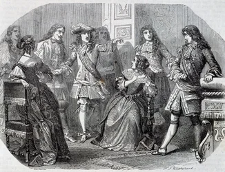 Arresto de Nicolas Fouquet, superintendente de finanzas, grabado por Henri Felix Emmanuel Philippoteaux (1815-1884) del Vizconde de Bragelonne, por Alexandre Dumas (1802-1870)
