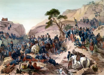 Episodio de la conquista de Argelia en 1840 - Batalla del paso de Mouzaia (1840) - El duque de Orleans ejerce el mando en el ejército francés - grabado de Philippoteaux - El ejército francés gana la batalla de la Teniah de Mouzaia por el paso montañoso de
