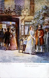 Escena de "Das Dreimaederlhaus" ("La casa de las tres niñas") que representa a Schubert delante de la casa, c.1916 (litografía en color)