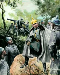 Primera Guerra Mundial: Retrato del Emperador Guillermo II (1859-1941) visitando un puesto de artillería. Impresión de Felix Schwormstadt (1870-?) 1915 Colección privada