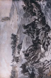 Desde el frente oriental: Artillería en tránsito bajo fuego enemigo, ilustración de Hindenburg publicada por Daterlandischer Derlag C U Weller Berlin