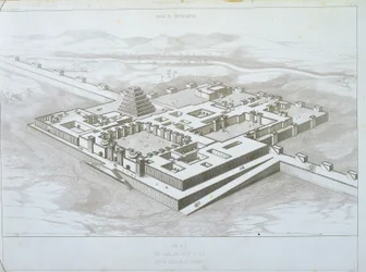 Palacio de Khorsabad, vista histórica desde el sureste con parte de las murallas fortificadas, ilustración de 