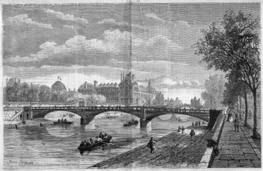Arquitectura: vista del puente de Solferino en París. Construido por el ingeniero Paul Martin Gallocher de Lagalisserie (1805-1871) e inaugurado en 1861, fue demolido en 1960 y reemplazado por el Puente Senghor (Puente de Solferino). Grabado por Felix Thor