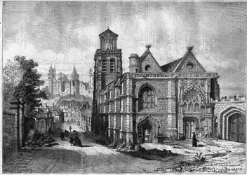 Iglesia de Saint Sulpice (Saint Sulpice) de Pierrefonds en el departamento de Oise en la región de Picardía - Grabado de 1868 después de un dibujo de Felix de Thorigny