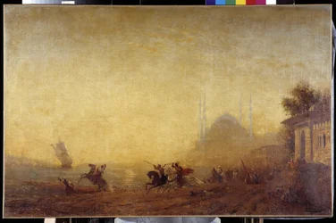 Fantasía en las orillas del Bósforo. Es visible la Basílica de Santa Sofía (Hagia Sophia o Haghia Sophia)