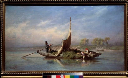 Familia en un barco (Transporte de forraje en un velero) - Familia en un barco - Pintura de Fyodor Vasilyev (Feodor Alexandrovich, Fiodor Alexandrovitch Vasiliev (1850-1873), óleo sobre lienzo
