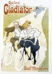 Pareja en bicicleta perseguida por un agente - Publicidad para Ciclos Gladiator, por Misti, c.1895