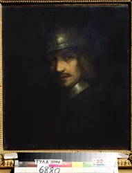 ""Retrato de un hombre con casco"" (Retrato de un hombre con casco) Pintura de Ferdinand Bol (1616-1680) Museo Estatal de Arte del siglo XVII, Tula, Rusia