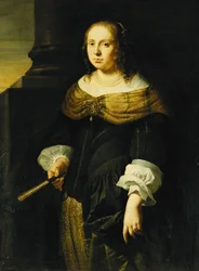 Retrato de una dama, tres cuartos de longitud, con un vestido negro y verde, sosteniendo un abanico, en un pórtico