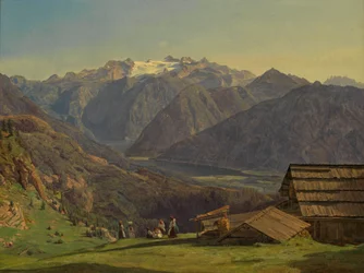 Vista del Dachstein con el lago Hallstättersee desde el Hütteneckalpe, cerca de Ischl