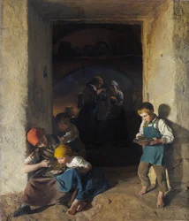 Niños recibiendo su desayuno
