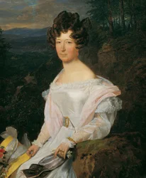 Dama con un vestido blanco frente a un paisaje en los bosques de Viena
