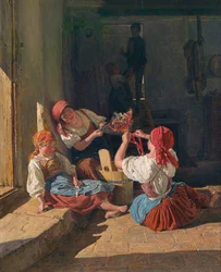 Niños decorando el sombrero de un recluta. Pintura de Ferdinand Georg Waldmuller (1793-1865), óleo sobre madera