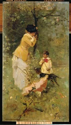 Mujer y niño en un paisaje (óleo sobre madera)