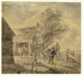 Granja con hombres y vacas