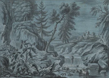 Paisaje sureño con una cascada y cabras