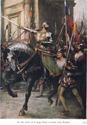 A la cabeza del gran grupo de hombres cabalgaba Rienzi, ilustración de Las historias de las óperas de Wagner, pub. por George Harrap & Co Ltd 1932