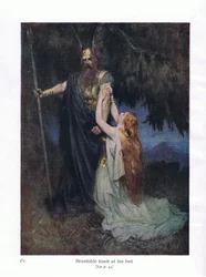 Brunilda se arrodilló a sus pies, ilustración de Las historias de las óperas de Wagner, pub. por George Harrap & Co Ltd 1932