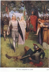 Se vio obligado a ceder, ilustración de Las historias de las óperas de Wagner, pub. por George Harrap & Co Ltd 1932