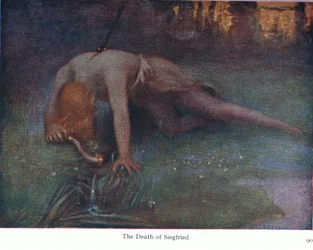 La muerte de Siegfried, ilustración de Las historias de las óperas de Wagner, pub. por George Harrap & Co Ltd 1932