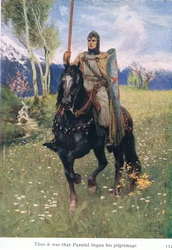Así fue como Parsifal comenzó su peregrinaje, ilustración de Las historias de las óperas de Wagner, pub. por George Harrap & Co Ltd 1932
