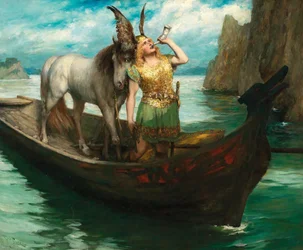El viaje de Sigfrido al Rin. El ocaso de los dioses. El cantante Hubert Leuer como Sigfrido, 1908