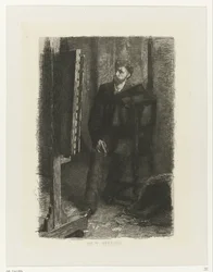 Retrato de un artista de pie detrás del caballete En el estudio (título sobre el objeto)