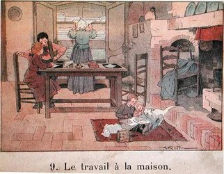 Una tarde de trabajo en el campo, ilustración para un libro de texto escolar, c.1900 (litografía en color)