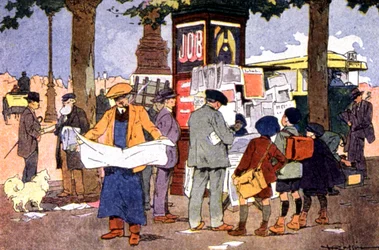 Quiosco de periódicos en la plaza de la Bastilla, hacia 1910 (ilustración)