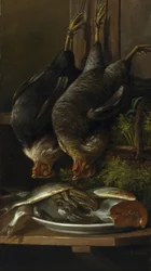 Bodegón con gallinas y peces