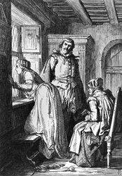 Klaerchen esperando a Egmont, ilustración para Egmont, tragedia de Johann Wolfgang von Goethe (1749-1832), xilografía según dibujo de Ferdinand Rothbart (1823-1899).