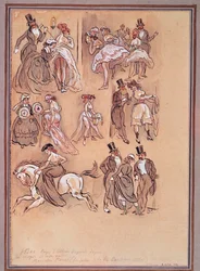 Segundo Imperio francés: plato de moda para bailarinas, jinete y caballeros elegantes (grabado)