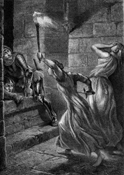 Heroísmo: Julienne Du Guesclin, la hermana de Bertrand Duguesclin, agarró un cerdo para repeler a los soldados ingleses que intentaban invadir el castillo de Pontorson. Siglo XIV. Grabado de 1864 por Eugène Delacroix