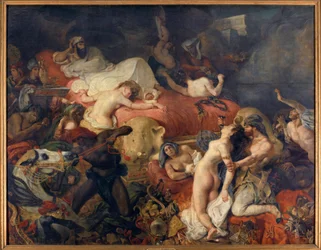 Muerte de Sardanápalo. Sardanápalo, rey asirio sitiado por insurgentes, hizo matar a sus esposas y caballos antes de suicidarse