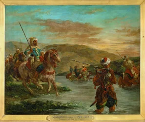 Vadear un río en Marruecos (pintura sobre lienzo)