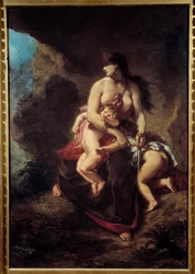 Medea furiosa. Medea asesina a sus dos hijos en una cueva. Pintura de Eugène Delacroix (1798-1863)